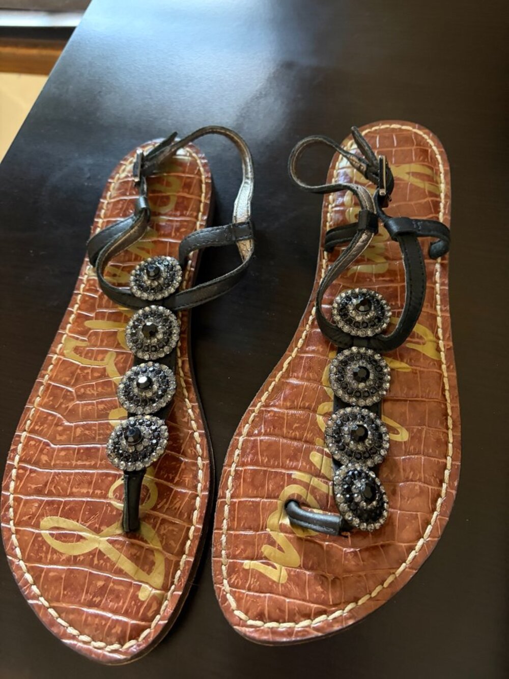 Sam Edelman Black Jeweled T-Strap Sandals Size 7.5